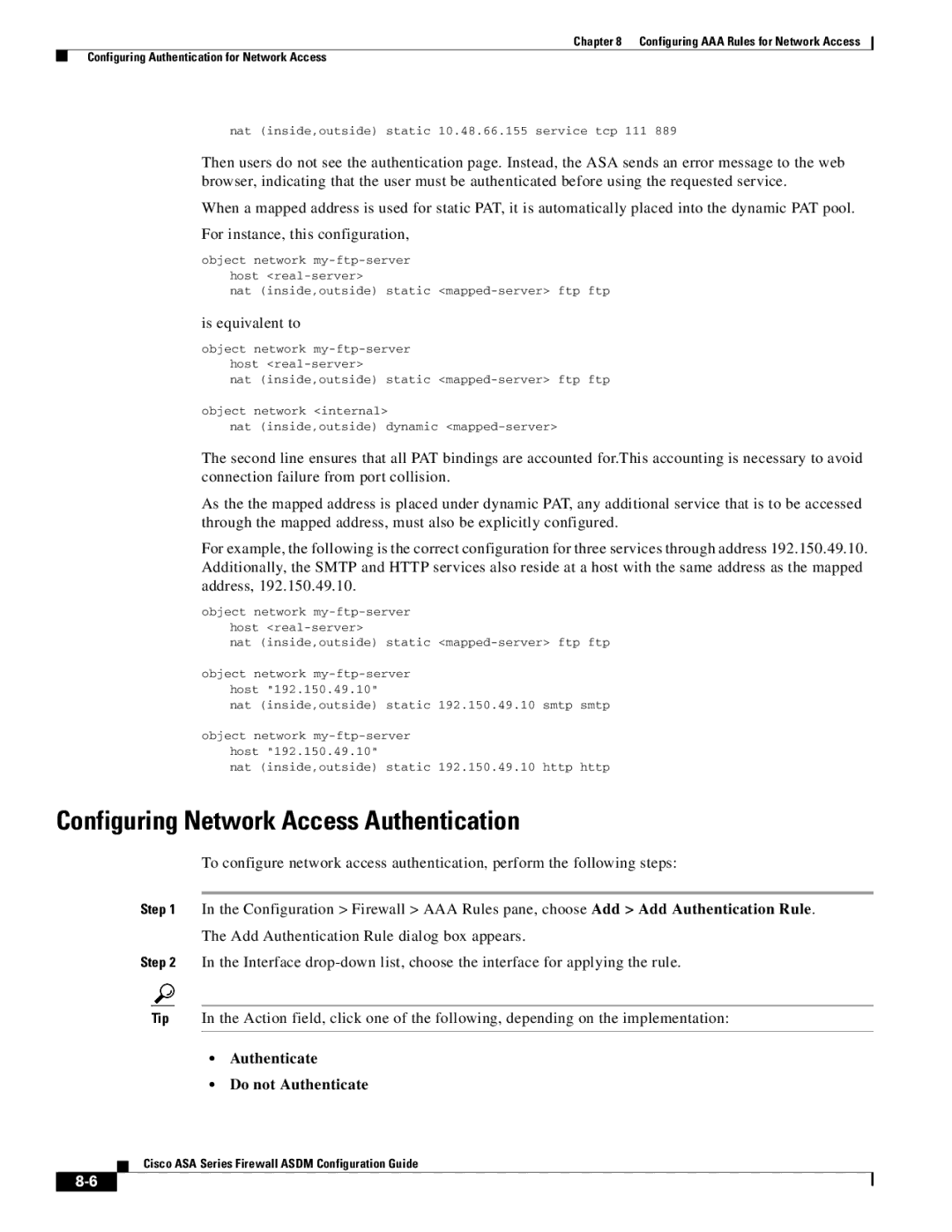 Cisco Systems ASA 5505, ASA 5545-X, ASA 5555-X Configuring Network Access Authentication, Authenticate Do not Authenticate 