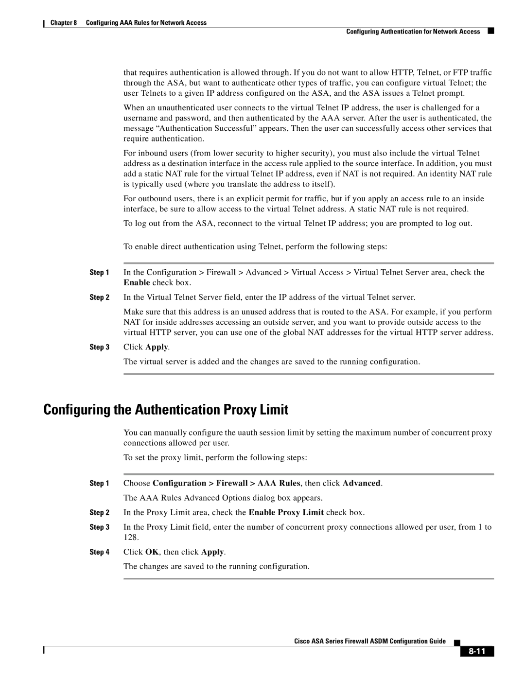 Cisco Systems ASA Services Module, ASA 5505, ASA 5545-X, ASA 5555-X, ASA 5585-X Configuring the Authentication Proxy Limit 