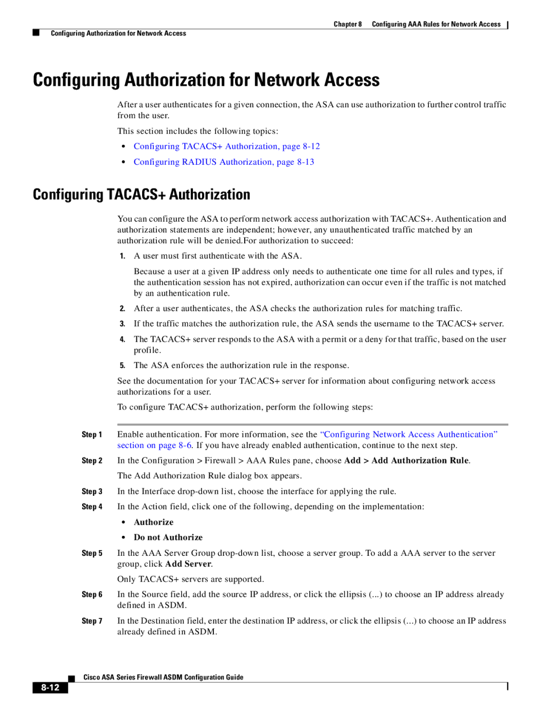 Cisco Systems ASA 5505, ASA 5545-X manual Configuring Authorization for Network Access, Configuring TACACS+ Authorization 