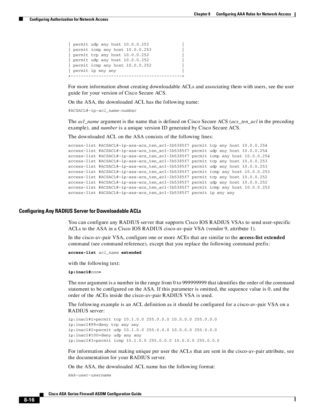 Cisco Systems ASA 5580, ASA 5505, ASA 5545-X, ASA 5555-X, ASA 5585-X manual Configuring Any Radius Server for Downloadable ACLs 