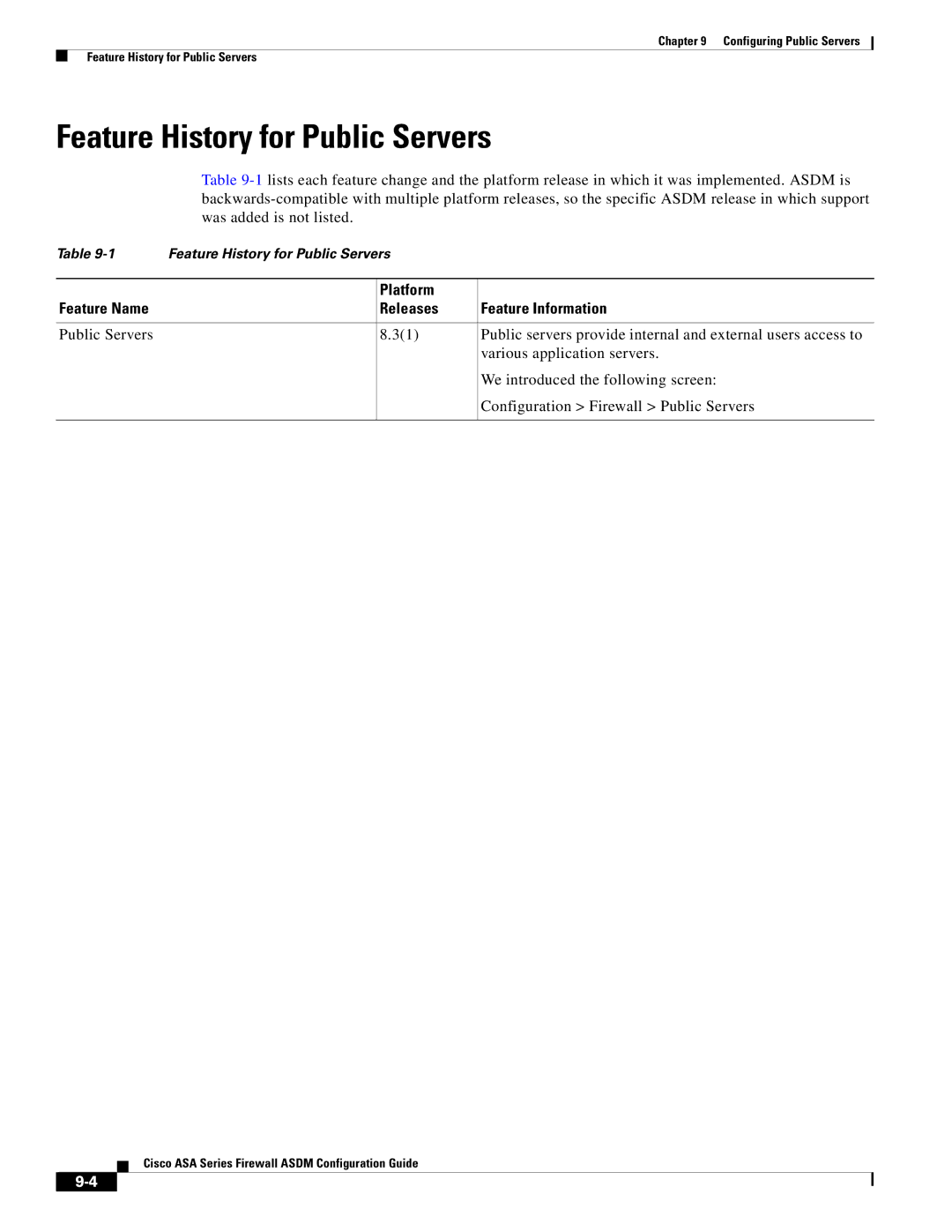 Cisco Systems ASA 5505, ASA 5545-X Feature History for Public Servers, Platform Feature Name Releases Feature Information 