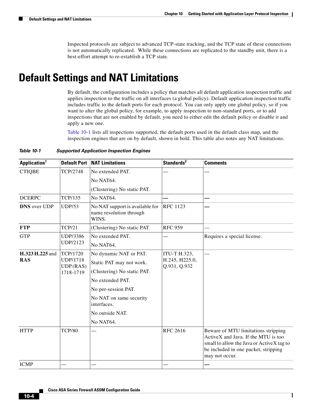 Cisco Systems ASA 5505, ASA 5545-X, ASA 5555-X, ASA 5585-X, ASA 5580 Default Settings and NAT Limitations, 323 H.225, 10-4 