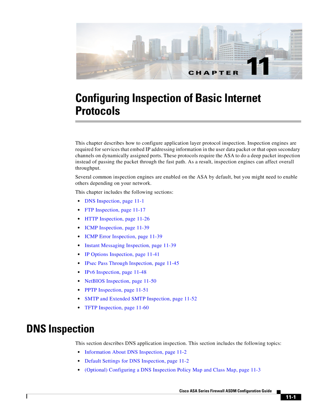 Cisco Systems ASA Services Module, ASA 5505 manual Configuring Inspection of Basic Internet Protocols, DNS Inspection, 11-1 