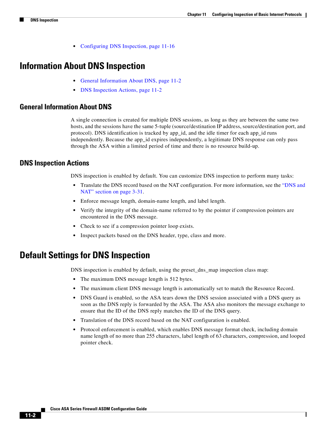 Cisco Systems ASA 5505 Information About DNS Inspection, Default Settings for DNS Inspection, DNS Inspection Actions, 11-2 