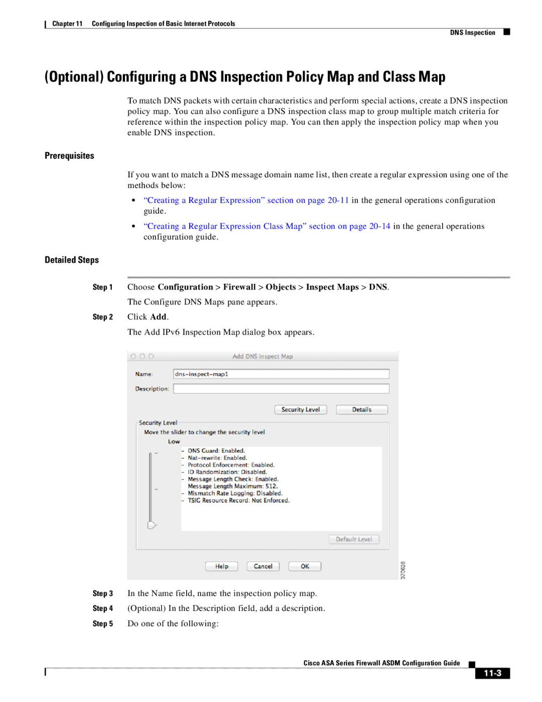 Cisco Systems ASA 5545-X, ASA 5505, ASA 5555-X, ASA 5585-X manual Choose Configuration Firewall Objects Inspect Maps DNS, 11-3 