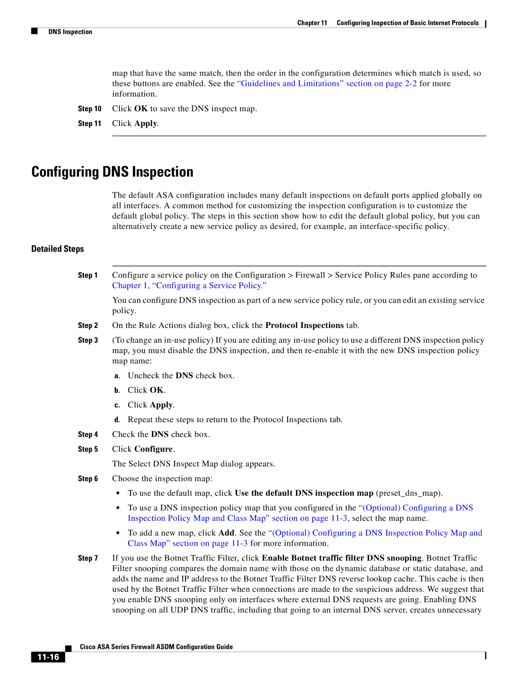 Cisco Systems ASA 5555-X, ASA 5505, ASA 5545-X, ASA 5585-X, ASA 5580 manual Configuring DNS Inspection, Click Configure, 11-16 