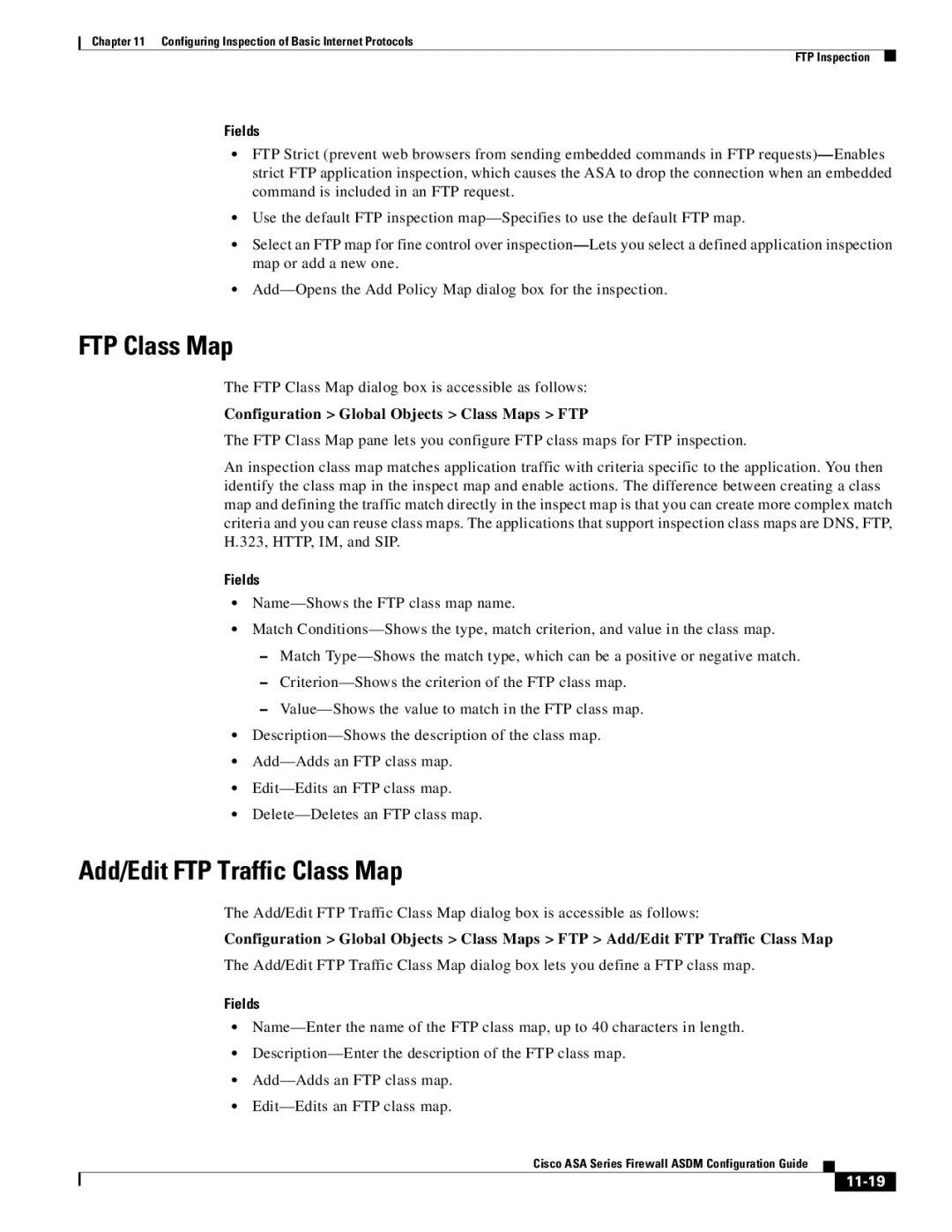 Cisco Systems ASA Services Module, ASA 5505, ASA 5545-X, ASA 5555-X FTP Class Map, Add/Edit FTP Traffic Class Map, 11-19 