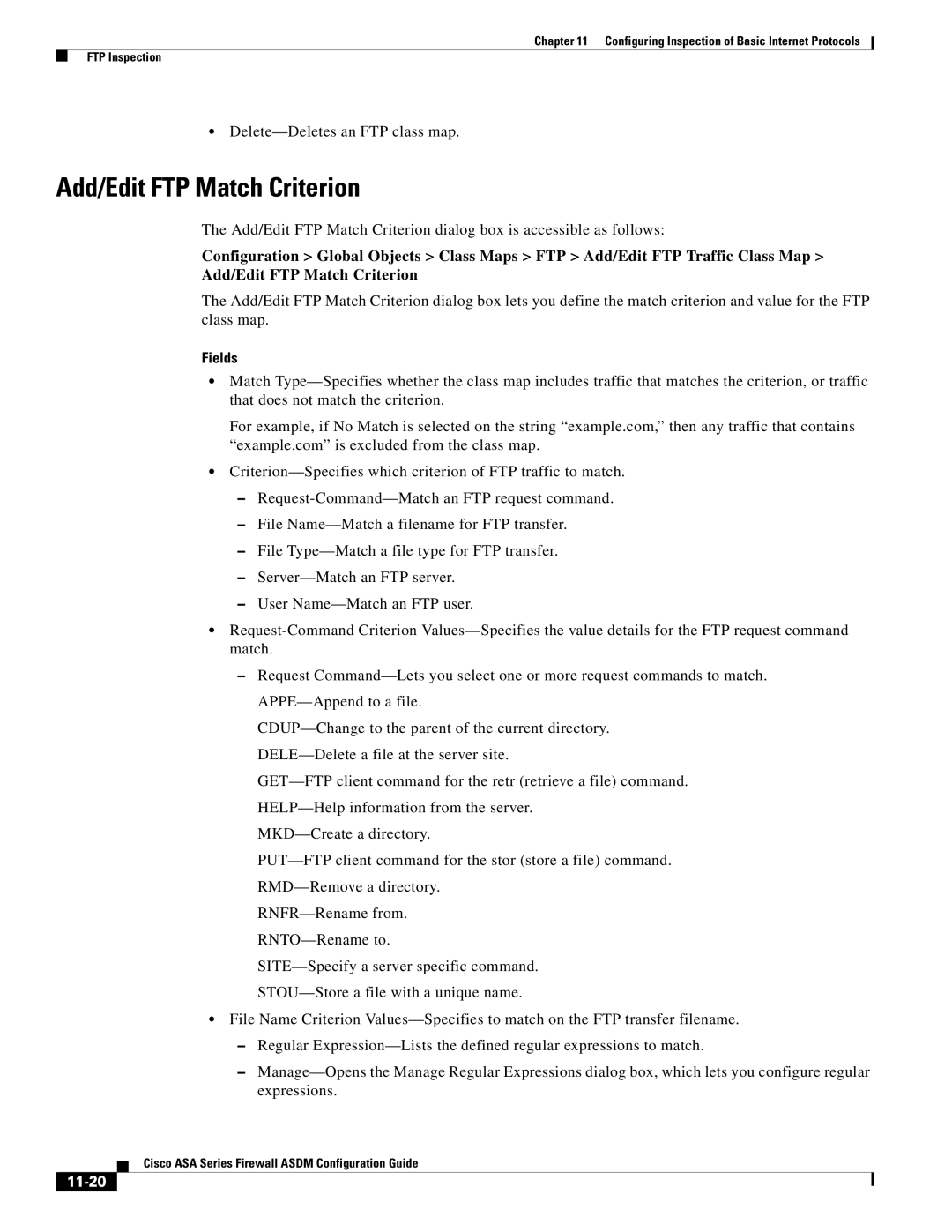 Cisco Systems ASA 5505, ASA 5545-X, ASA 5555-X, ASA 5585-X, ASA 5580, ASA Services Module Add/Edit FTP Match Criterion, 11-20 