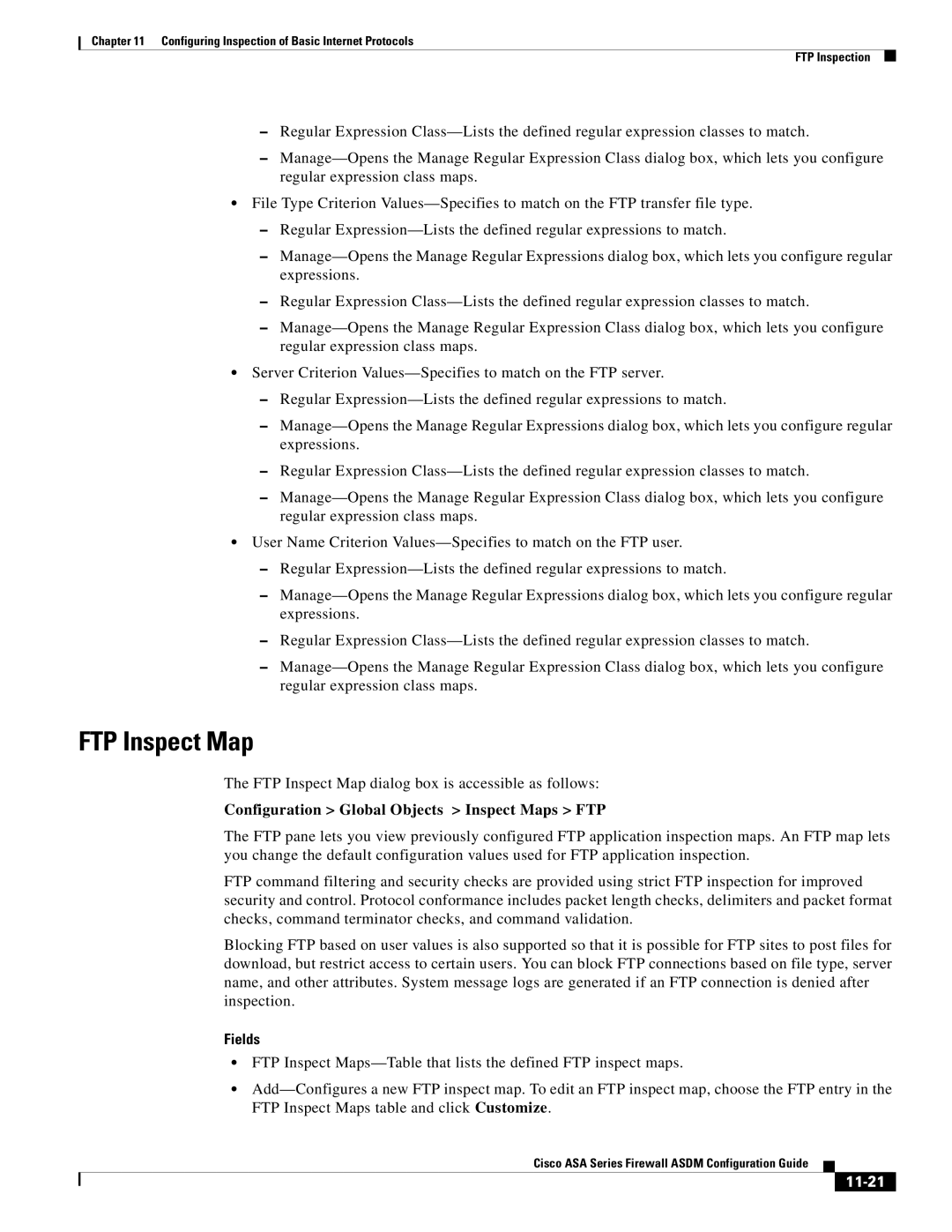 Cisco Systems ASA 5545-X, ASA 5505, ASA 5555-X manual FTP Inspect Map, Configuration Global Objects Inspect Maps FTP, 11-21 