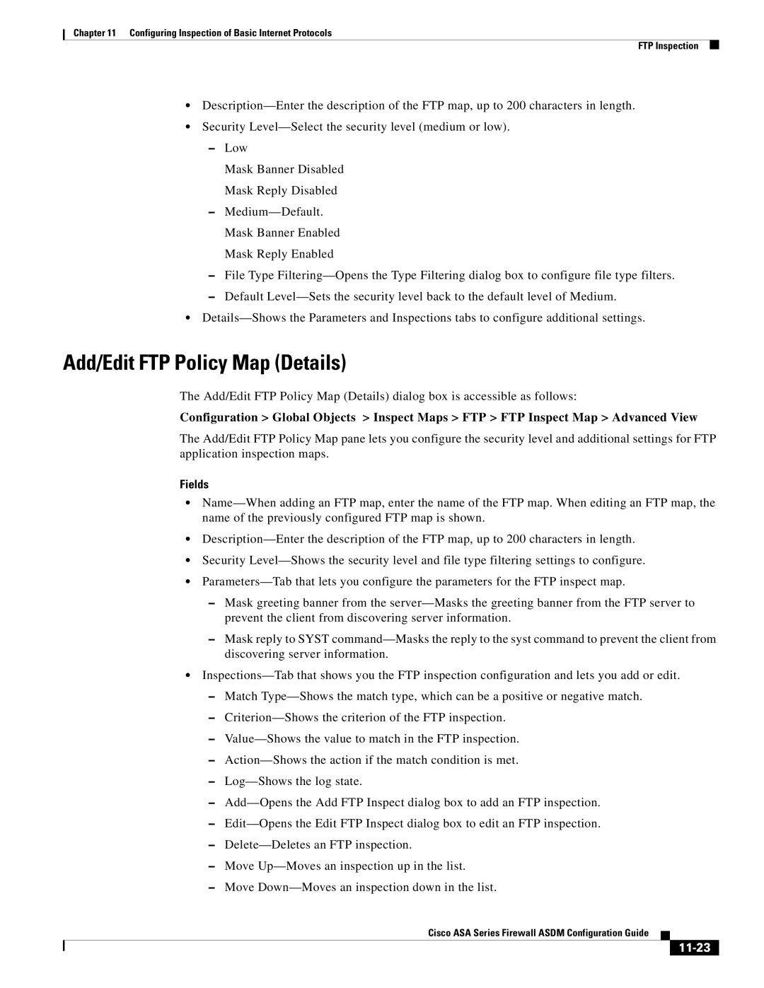 Cisco Systems ASA 5585-X, ASA 5505, ASA 5545-X, ASA 5555-X, ASA 5580 manual Add/Edit FTP Policy Map Details, 11-23 