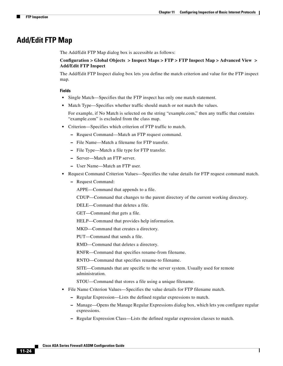 Cisco Systems ASA 5580, ASA 5505, ASA 5545-X, ASA 5555-X, ASA 5585-X, ASA Services Module manual Add/Edit FTP Map, 11-24 