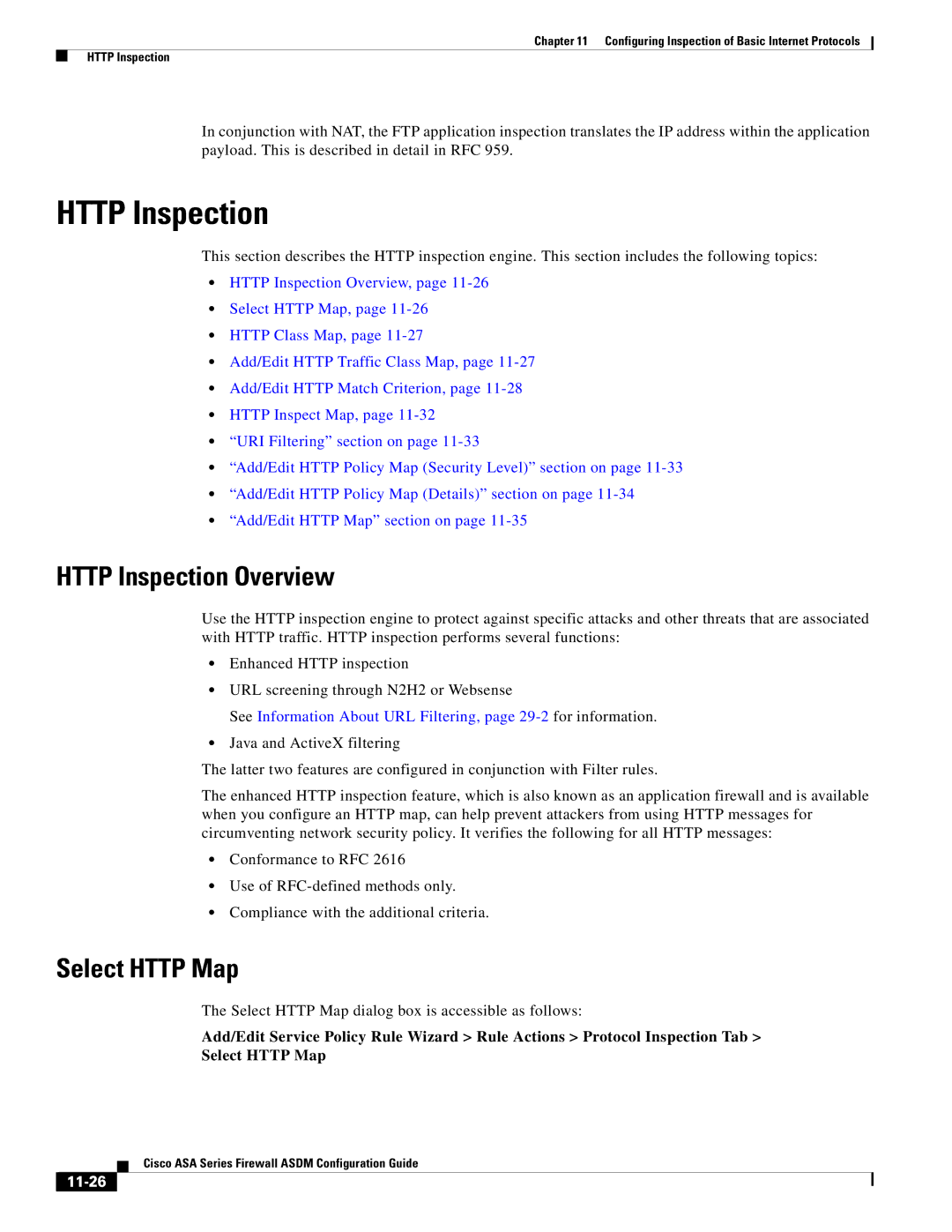 Cisco Systems ASA 5505, ASA 5545-X, ASA 5555-X, ASA 5585-X, ASA 5580 Http Inspection Overview, Select Http Map, 11-26 