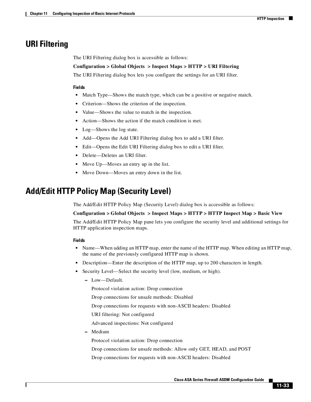 Cisco Systems ASA 5545-X, ASA 5505, ASA 5555-X, ASA 5585-X URI Filtering, Add/Edit Http Policy Map Security Level, 11-33 