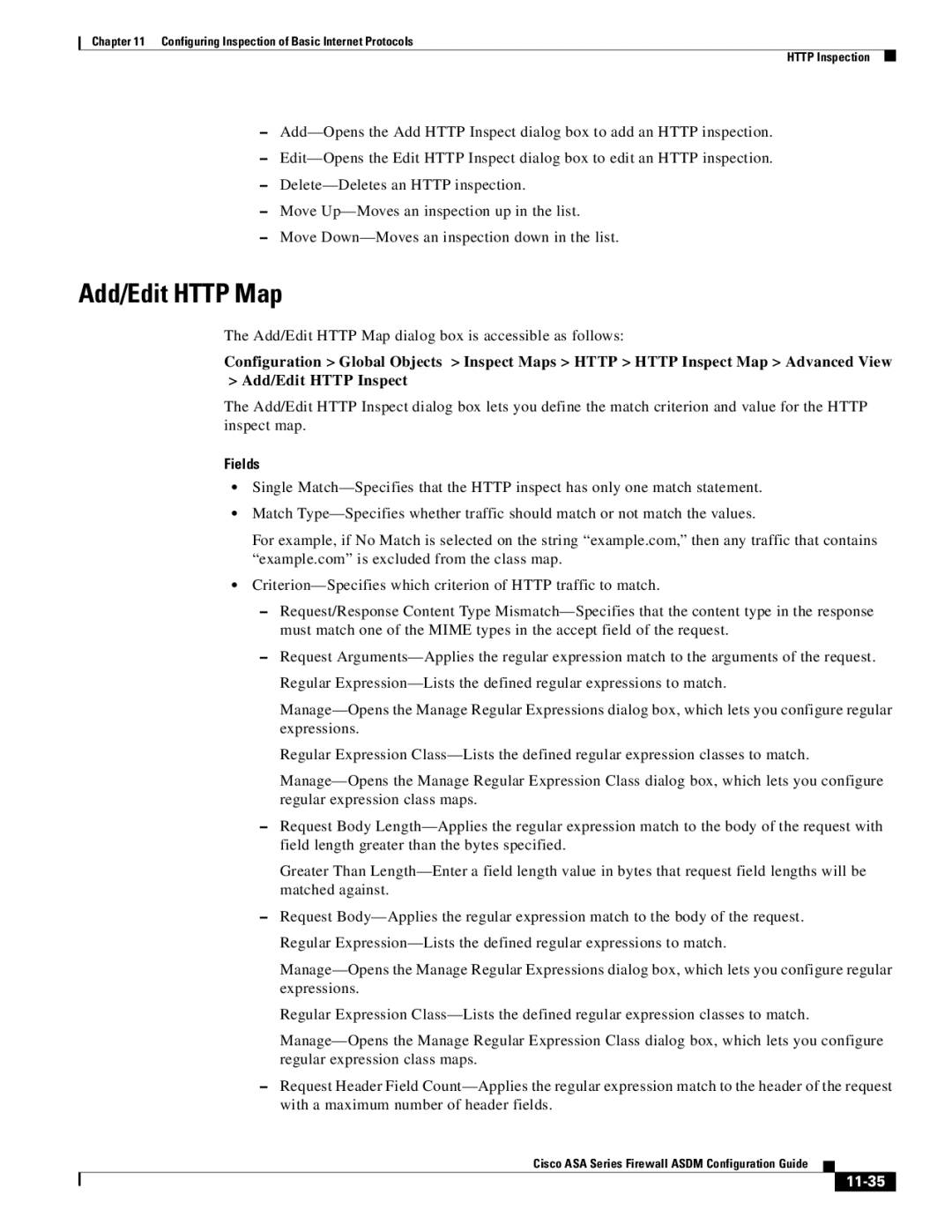 Cisco Systems ASA 5585-X, ASA 5505, ASA 5545-X, ASA 5555-X, ASA 5580, ASA Services Module manual Add/Edit Http Map, 11-35 