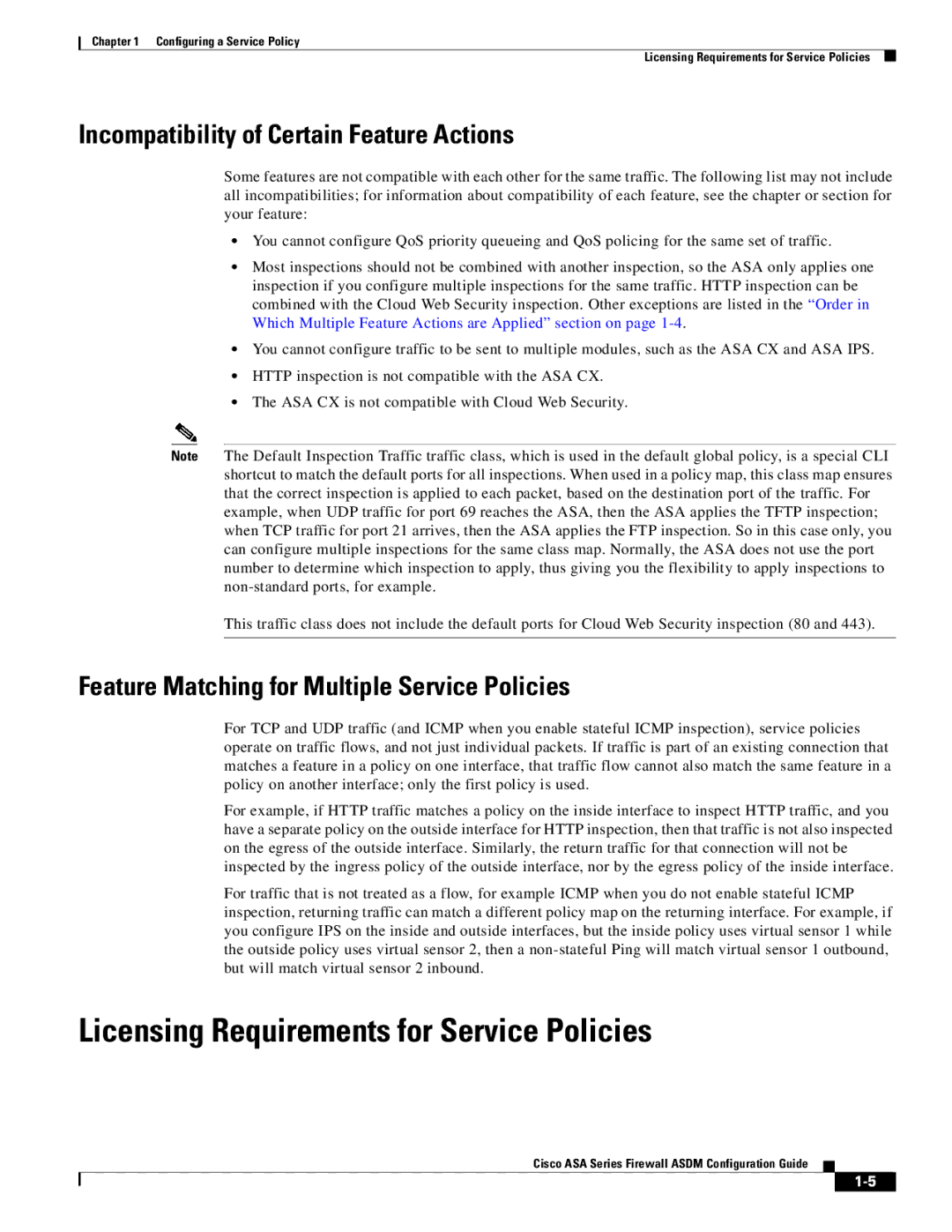 Cisco Systems ASA 5545-X, ASA 5505 Licensing Requirements for Service Policies, Incompatibility of Certain Feature Actions 