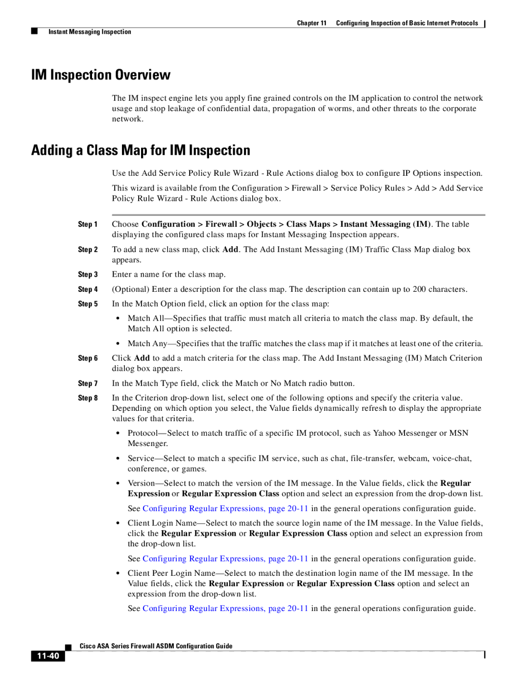 Cisco Systems ASA 5555-X, ASA 5505, ASA 5545-X, ASA 5580 IM Inspection Overview, Adding a Class Map for IM Inspection, 11-40 