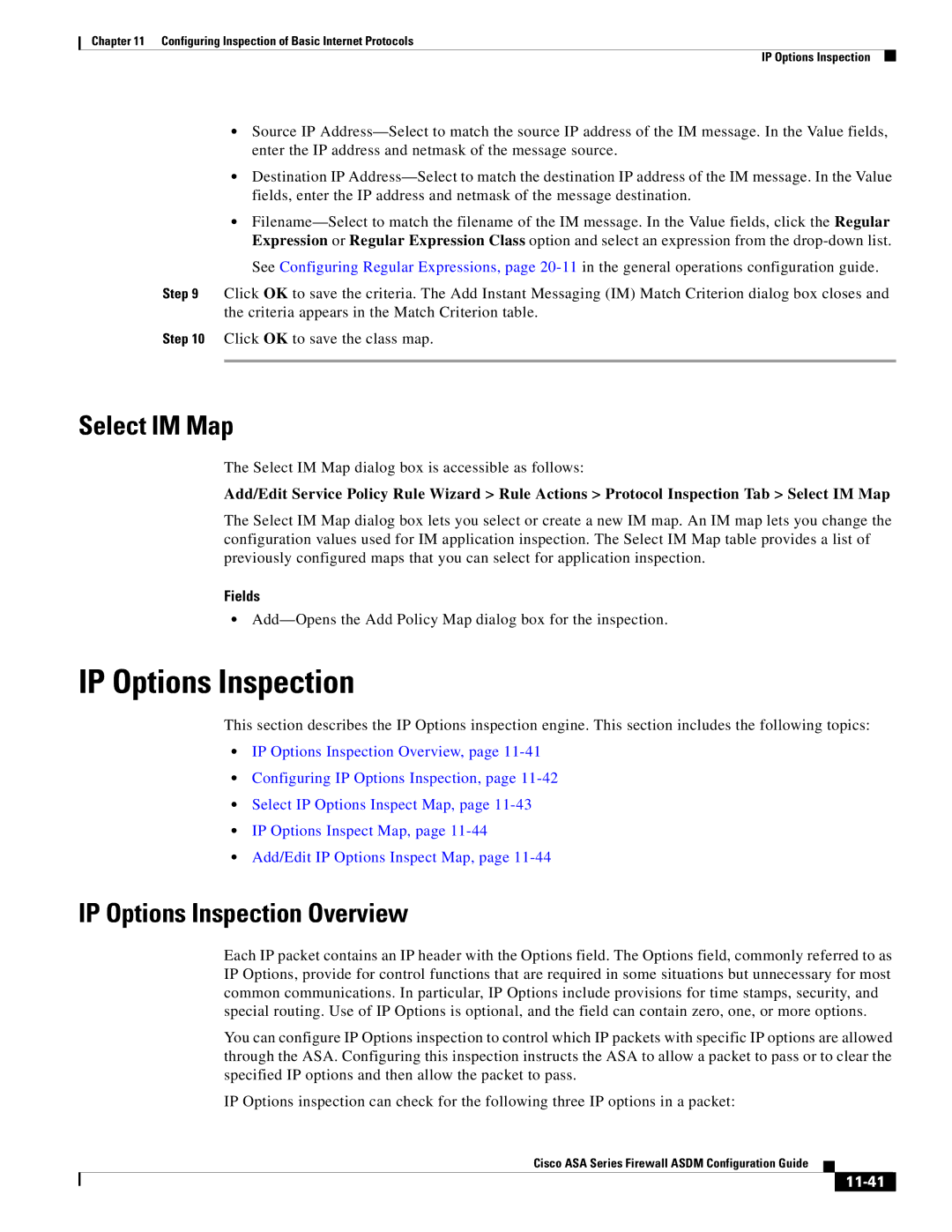 Cisco Systems ASA 5585-X, ASA 5505, ASA 5545-X, ASA 5555-X, ASA 5580 Select IM Map, IP Options Inspection Overview, 11-41 