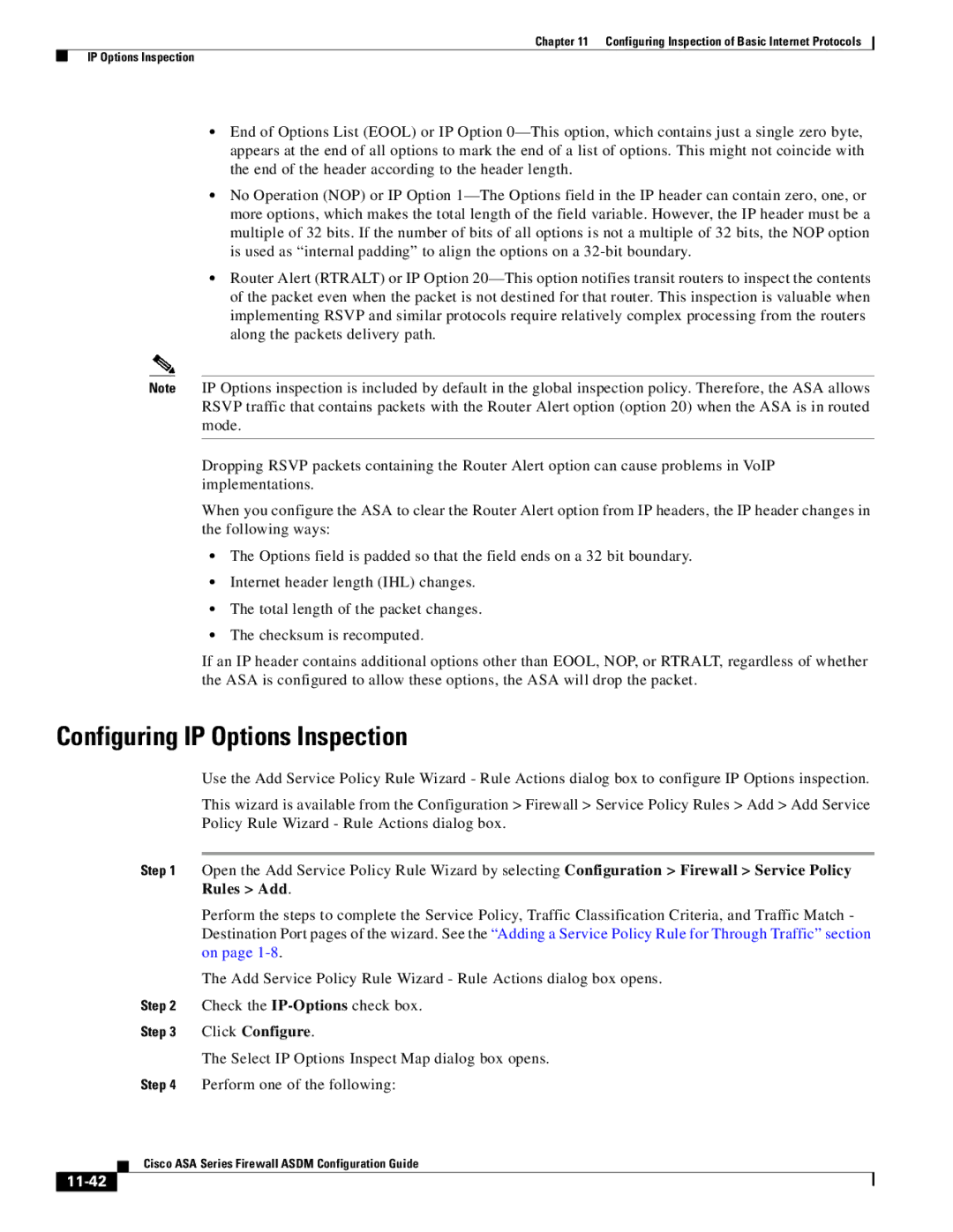 Cisco Systems ASA 5580, ASA 5505, ASA 5545-X, ASA 5555-X, ASA 5585-X manual Configuring IP Options Inspection, 11-42 