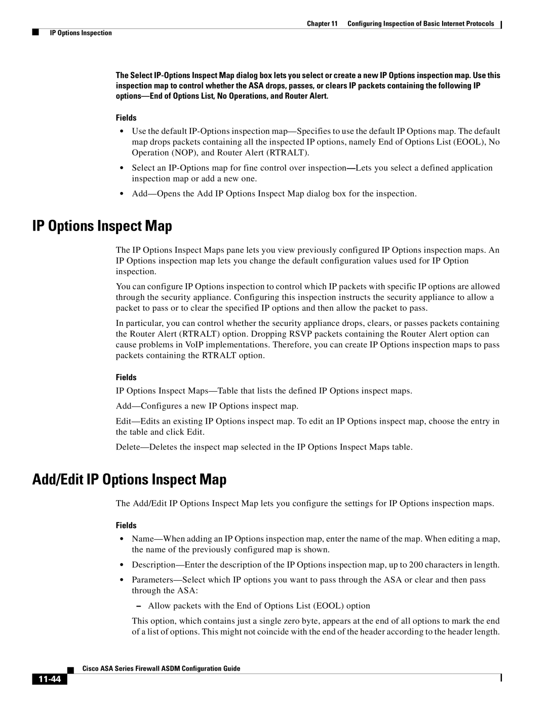 Cisco Systems ASA 5505, ASA 5545-X, ASA 5555-X, ASA 5585-X, ASA 5580 manual Add/Edit IP Options Inspect Map, 11-44 