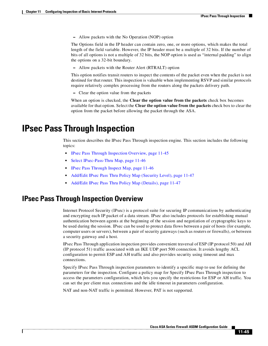 Cisco Systems ASA 5545-X, ASA 5505, ASA 5555-X, ASA 5585-X, ASA 5580 manual IPsec Pass Through Inspection Overview, 11-45 