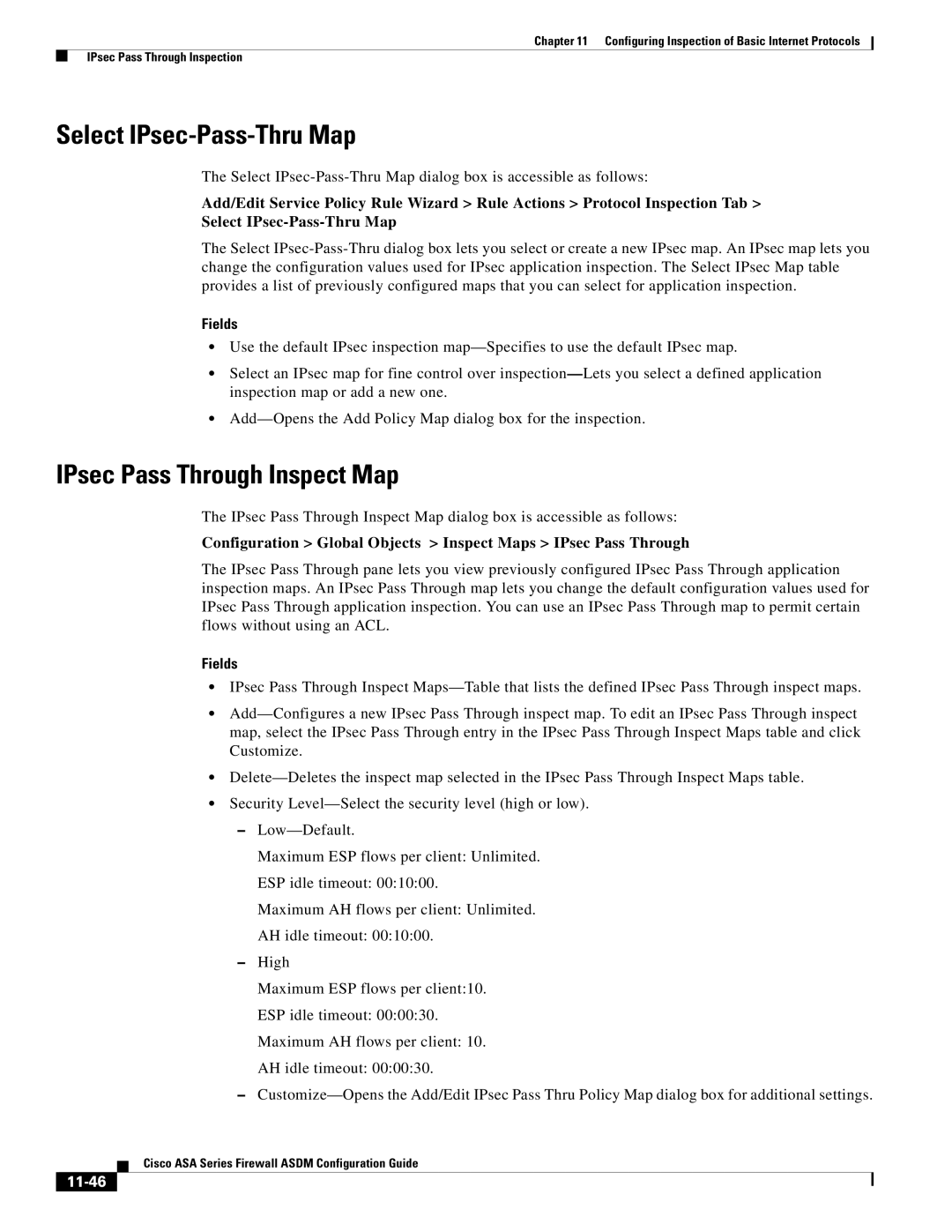 Cisco Systems ASA 5555-X, ASA 5505, ASA 5545-X, ASA 5585-X Select IPsec-Pass-Thru Map, IPsec Pass Through Inspect Map, 11-46 