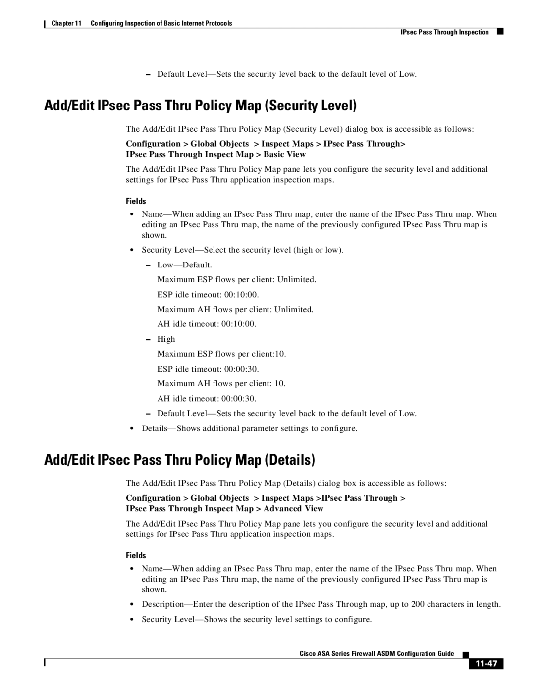 Cisco Systems ASA 5585-X Add/Edit IPsec Pass Thru Policy Map Security Level, Add/Edit IPsec Pass Thru Policy Map Details 