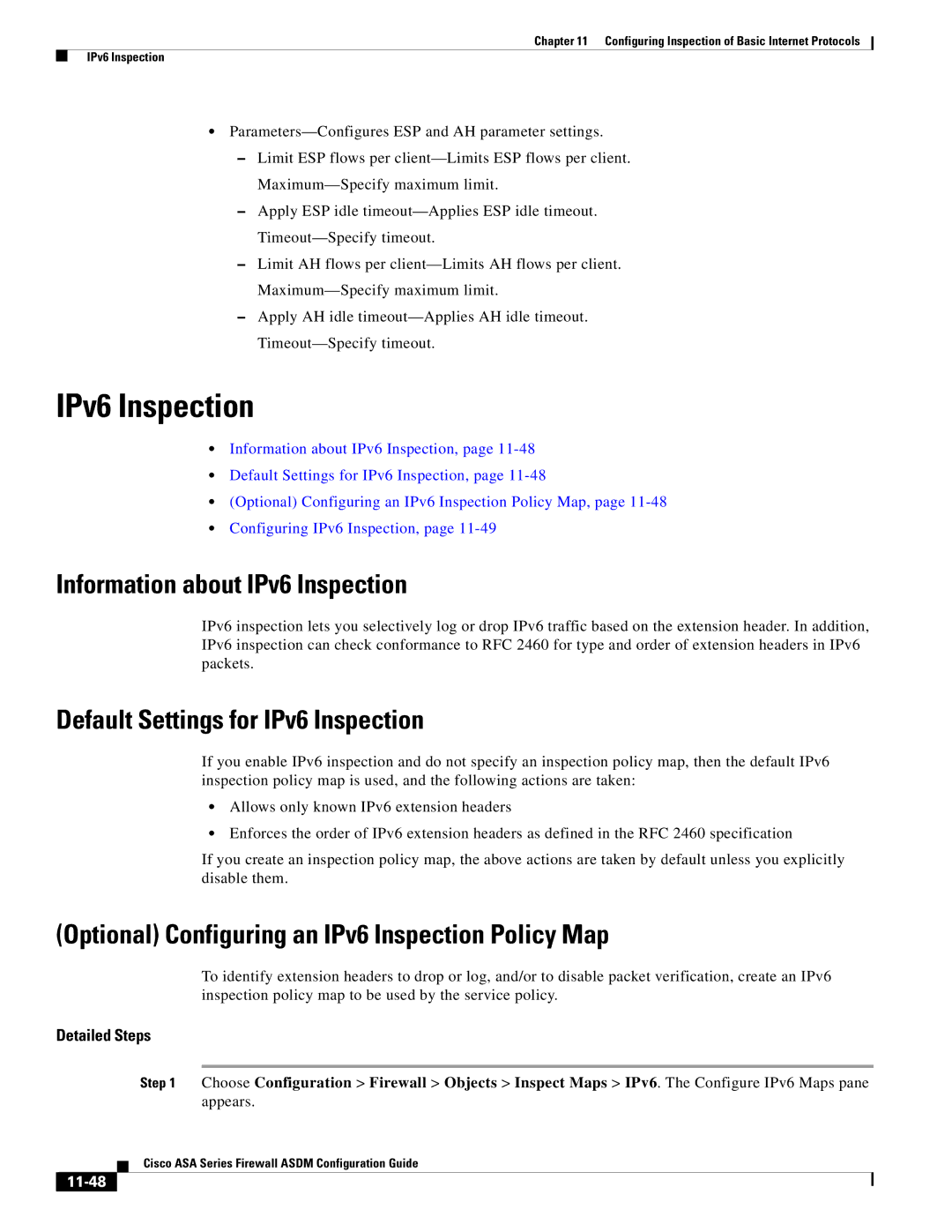 Cisco Systems ASA 5580, ASA 5505 manual Information about IPv6 Inspection, Default Settings for IPv6 Inspection, 11-48 