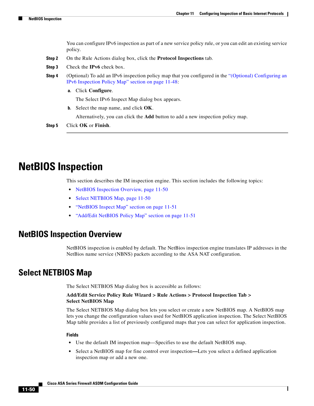 Cisco Systems ASA 5505, ASA 5545-X, ASA 5555-X, ASA 5585-X manual NetBIOS Inspection Overview, Select Netbios Map, 11-50 