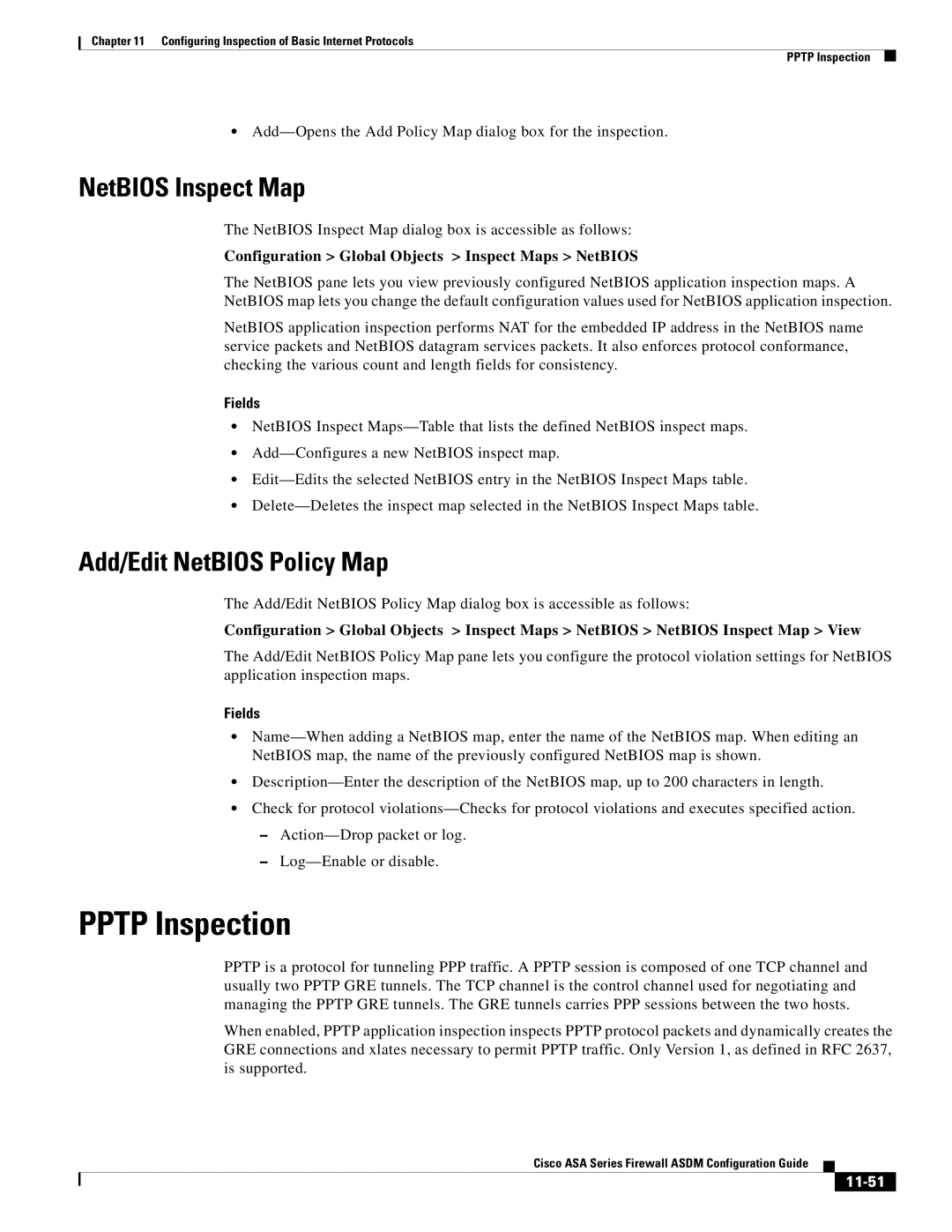 Cisco Systems ASA 5545-X, ASA 5505, ASA 5555-X Pptp Inspection, NetBIOS Inspect Map, Add/Edit NetBIOS Policy Map, 11-51 