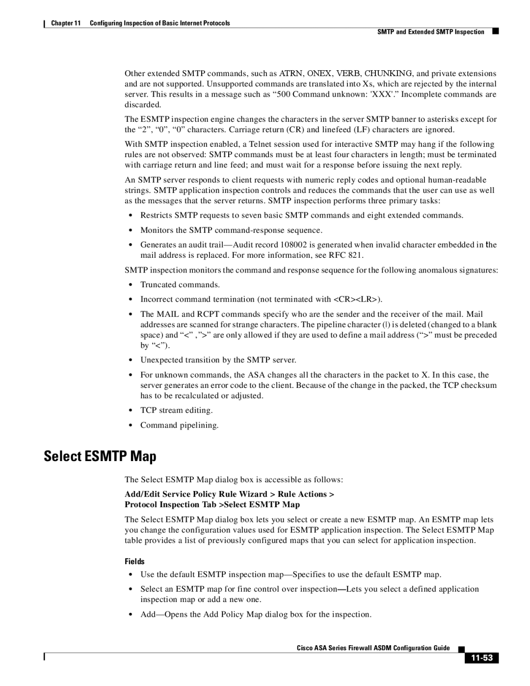 Cisco Systems ASA 5585-X, ASA 5505, ASA 5545-X, ASA 5555-X, ASA 5580, ASA Services Module manual Select Esmtp Map, 11-53 