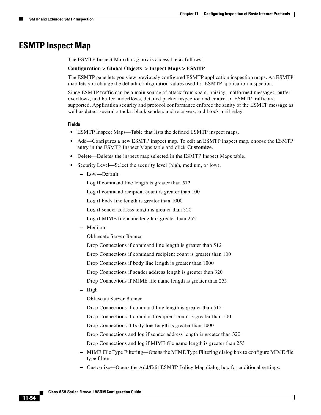 Cisco Systems ASA 5580, ASA 5505, ASA 5545-X manual Esmtp Inspect Map, Configuration Global Objects Inspect Maps Esmtp, 11-54 