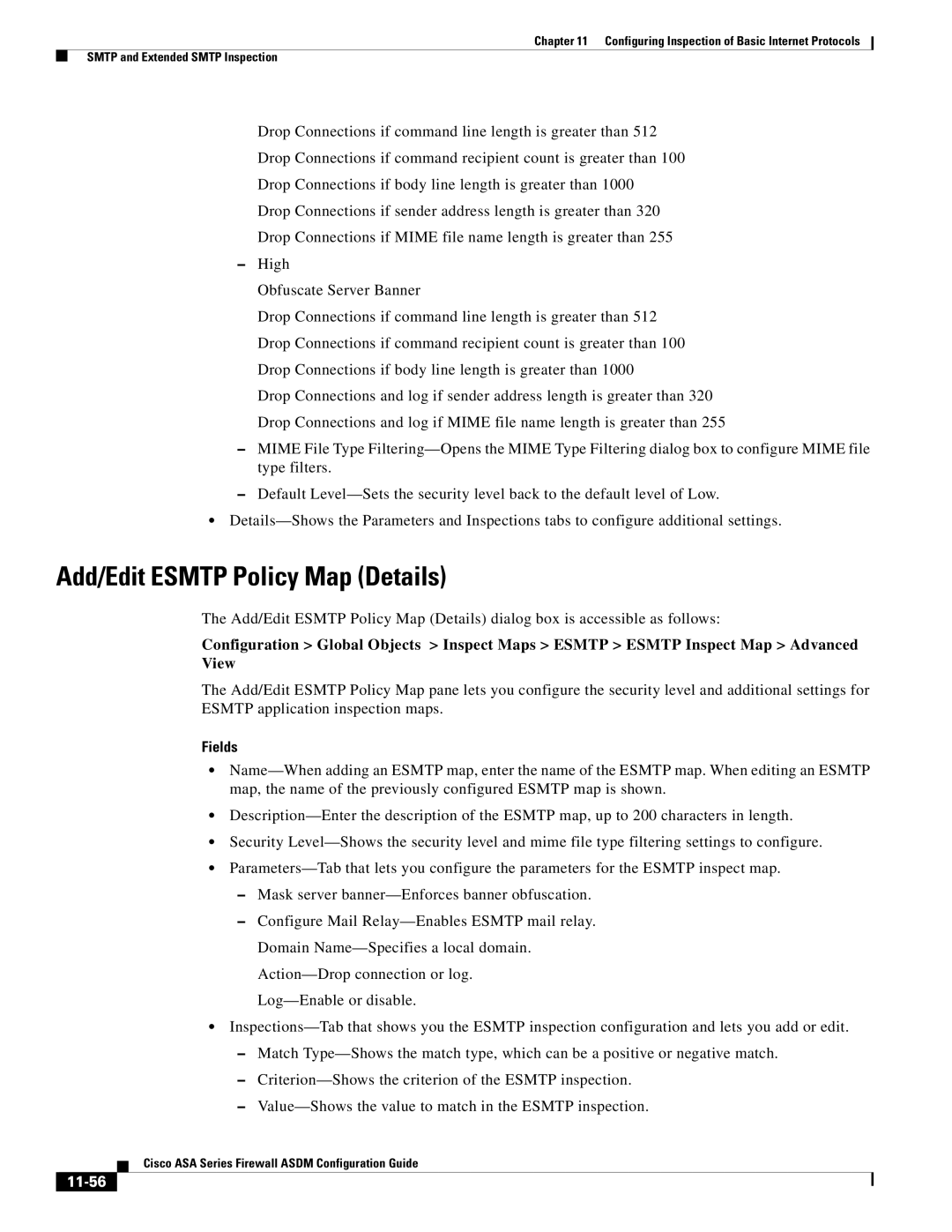 Cisco Systems ASA 5505, ASA 5545-X, ASA 5555-X, ASA 5585-X, ASA 5580 manual Add/Edit Esmtp Policy Map Details, 11-56 