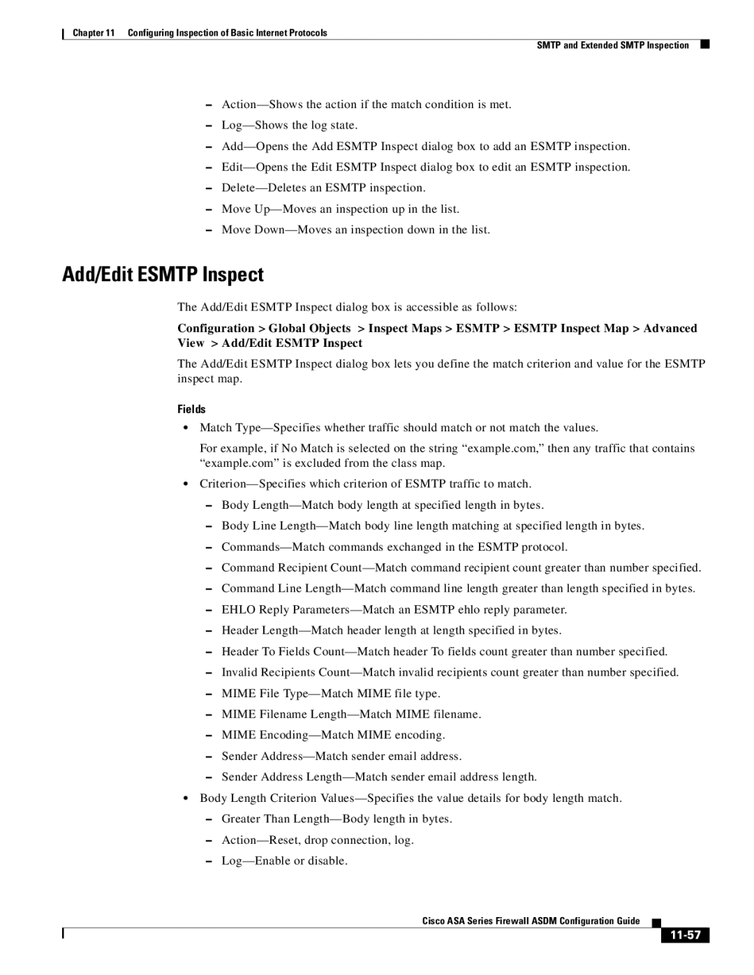 Cisco Systems ASA 5545-X, ASA 5505, ASA 5555-X, ASA 5585-X, ASA 5580, ASA Services Module manual Add/Edit Esmtp Inspect, 11-57 