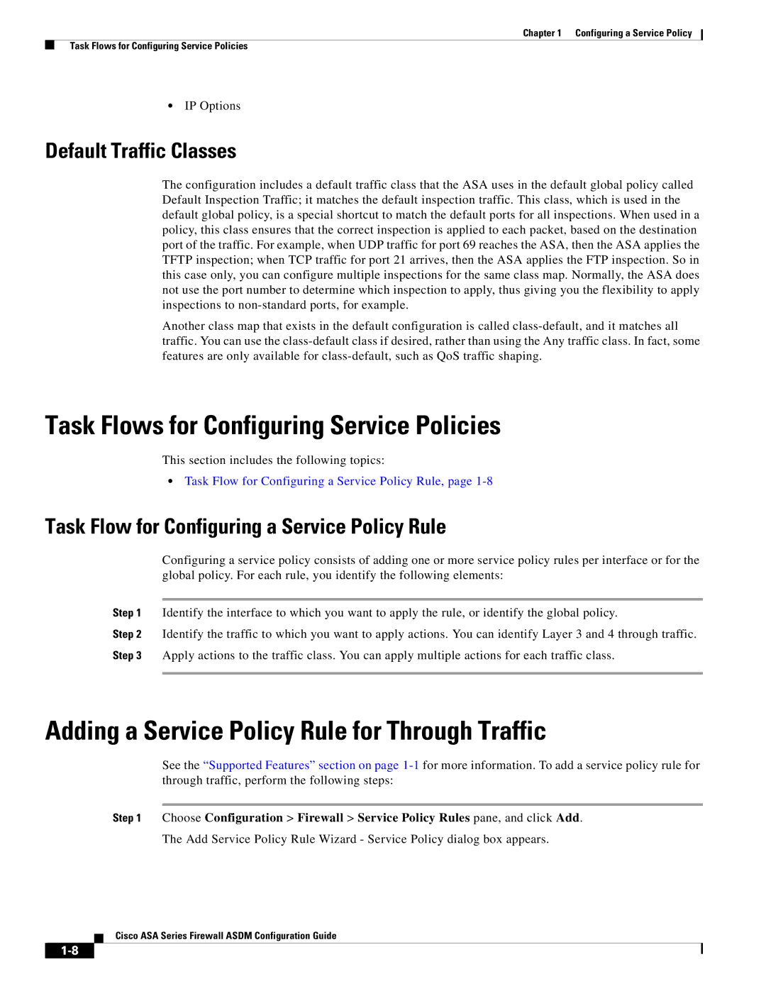 Cisco Systems ASA 5580 manual Task Flows for Configuring Service Policies, Adding a Service Policy Rule for Through Traffic 