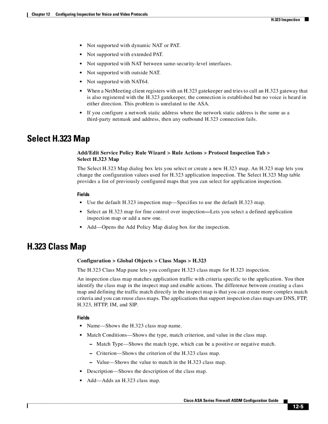 Cisco Systems ASA Services Module, ASA 5505 manual Select H.323 Map, Configuration Global Objects Class Maps H.323, 12-5 