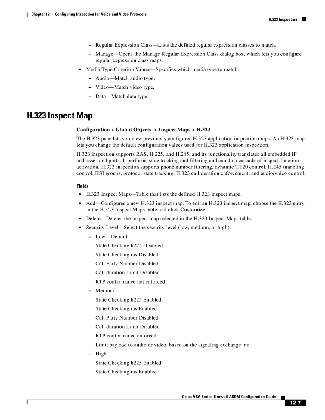 Cisco Systems ASA 5545-X, ASA 5505, ASA 5555-X, ASA 5585-X manual Configuration Global Objects Inspect Maps H.323, 12-7 