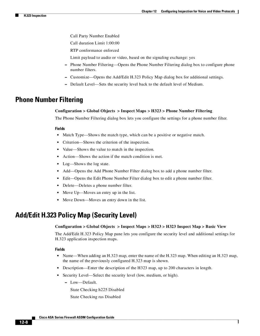 Cisco Systems ASA 5555-X, ASA 5505, ASA 5545-X manual Phone Number Filtering, Add/Edit H.323 Policy Map Security Level, 12-8 