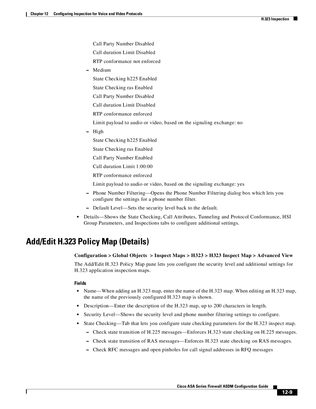 Cisco Systems ASA 5585-X, ASA 5505, ASA 5545-X, ASA 5555-X, ASA 5580 manual Add/Edit H.323 Policy Map Details, 12-9 