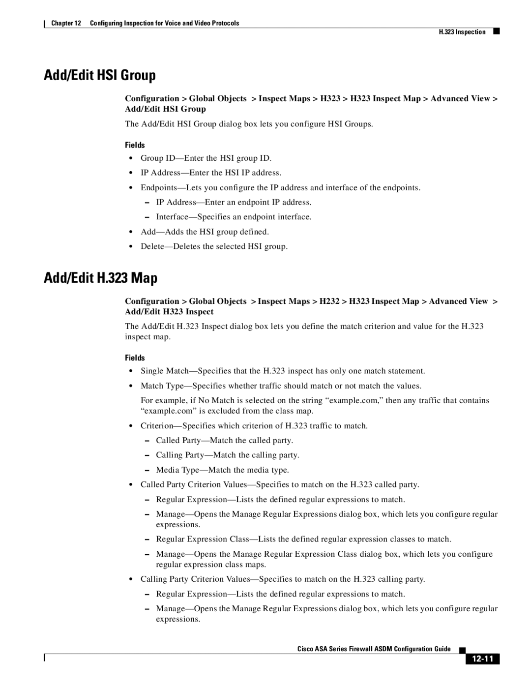 Cisco Systems ASA Services Module, ASA 5505, ASA 5545-X, ASA 5555-X, ASA 5585-X Add/Edit HSI Group, Add/Edit H.323 Map, 12-11 