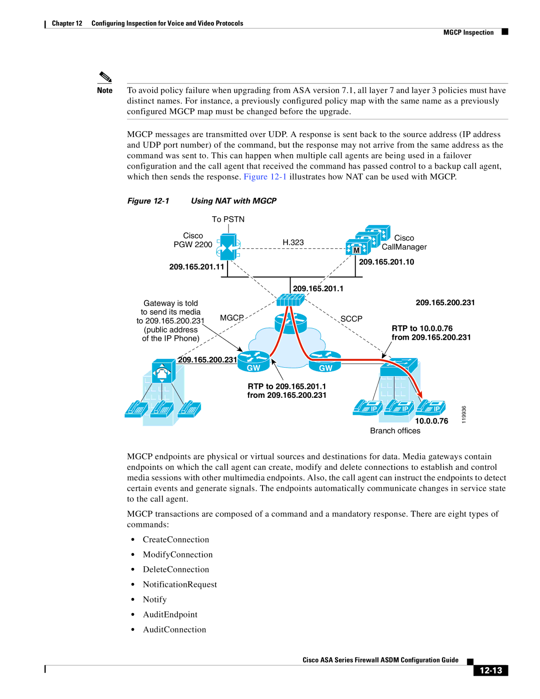 Cisco Systems ASA 5545-X, ASA 5505, ASA 5555-X, ASA 5585-X, ASA 5580, ASA Services Module manual 12-13, Using NAT with Mgcp 