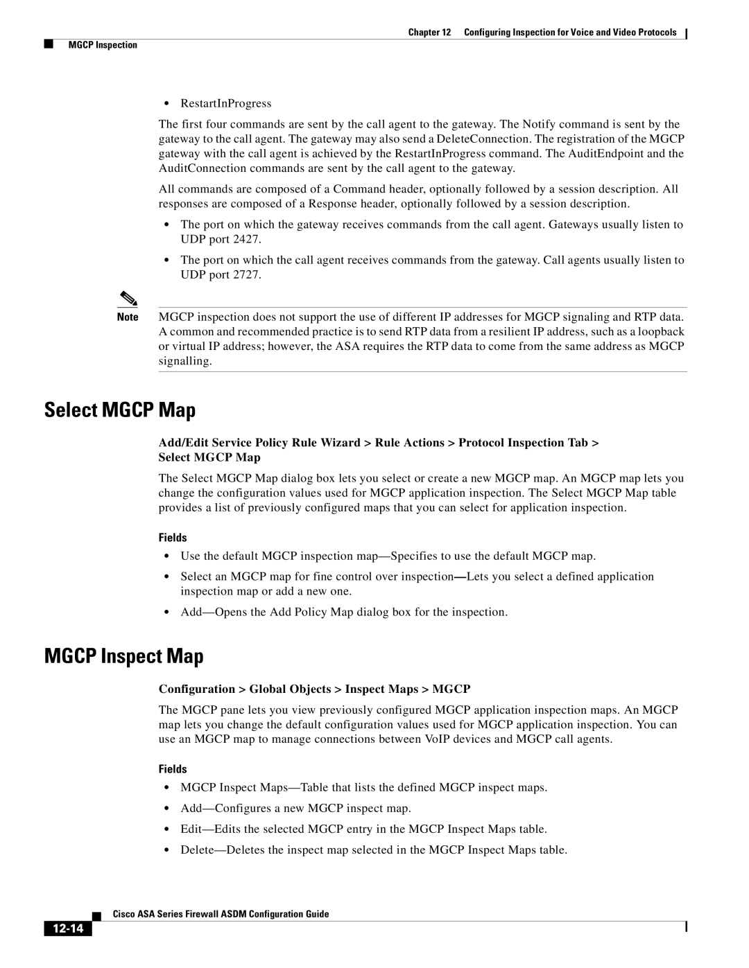 Cisco Systems ASA 5555-X manual Select Mgcp Map, Mgcp Inspect Map, Configuration Global Objects Inspect Maps Mgcp, 12-14 