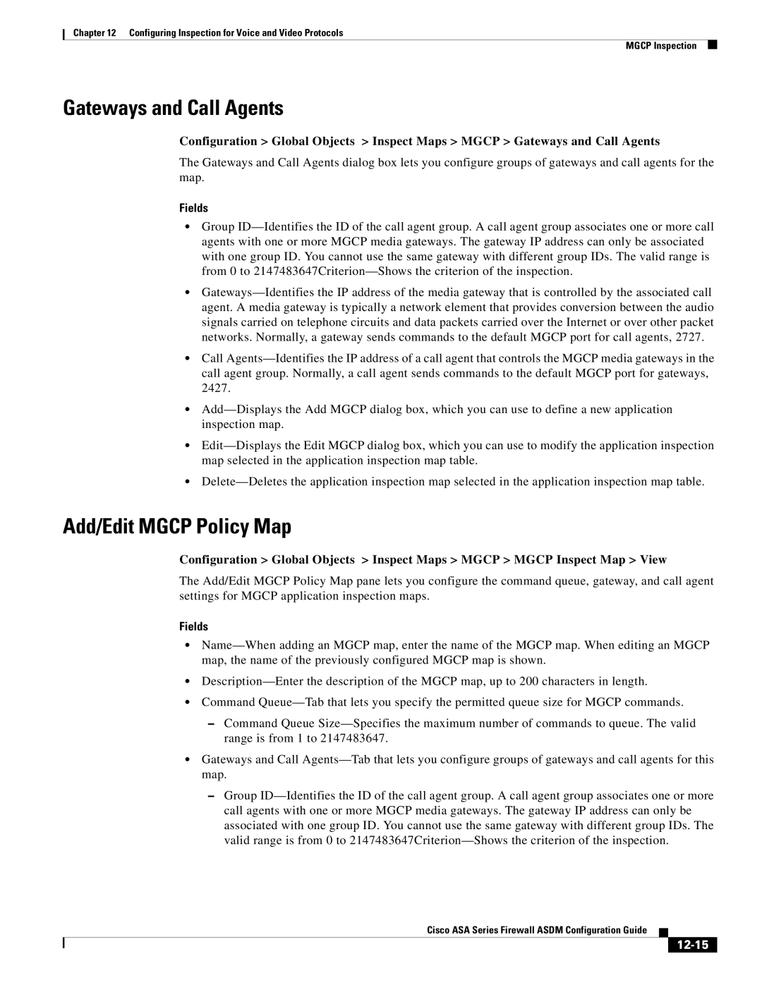 Cisco Systems ASA 5585-X, ASA 5505, ASA 5545-X, ASA 5555-X manual Gateways and Call Agents, Add/Edit Mgcp Policy Map, 12-15 