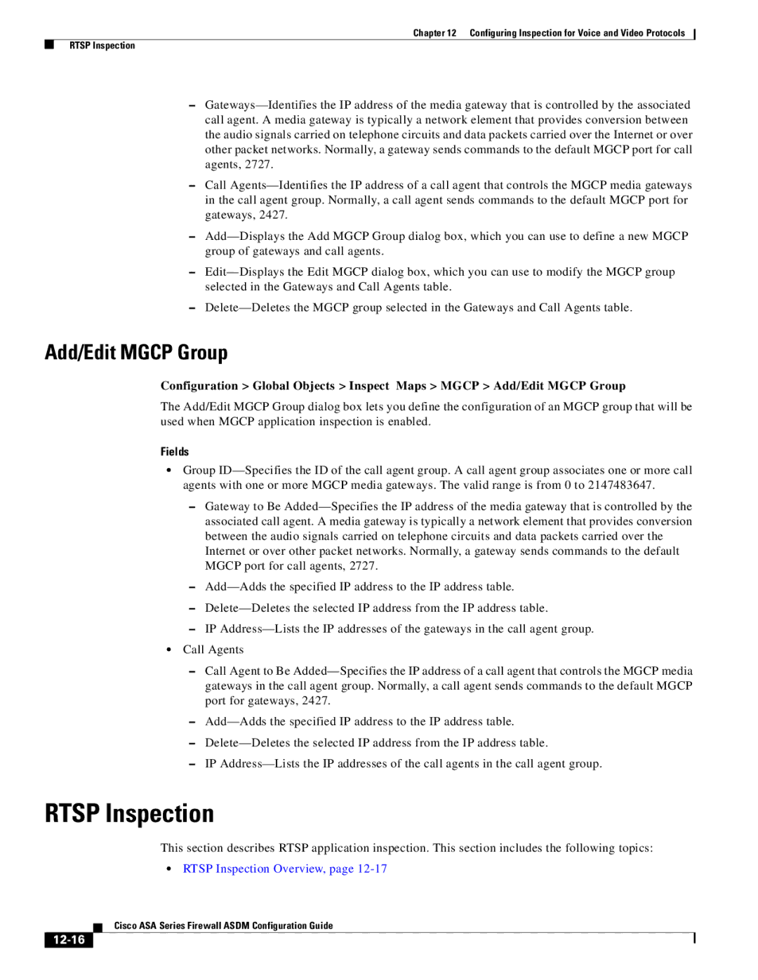 Cisco Systems ASA 5580, ASA 5505, ASA 5545-X, ASA 5555-X, ASA 5585-X manual Rtsp Inspection, Add/Edit Mgcp Group, 12-16 