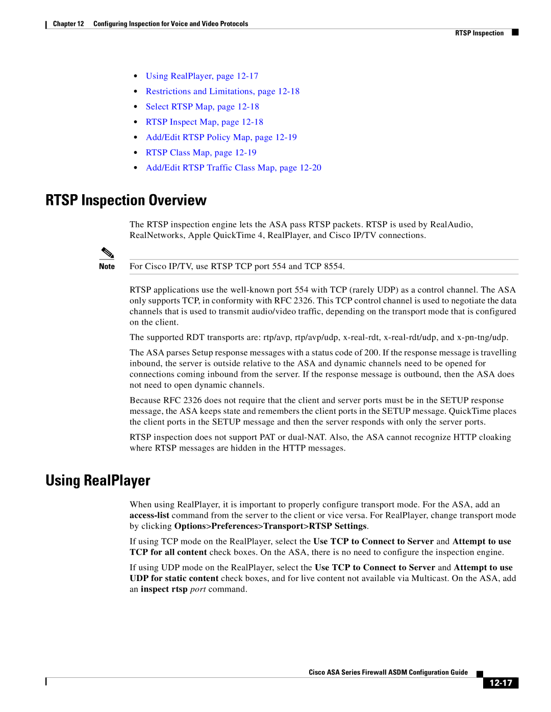 Cisco Systems ASA Services Module, ASA 5505, ASA 5545-X, ASA 5555-X manual Rtsp Inspection Overview, Using RealPlayer, 12-17 