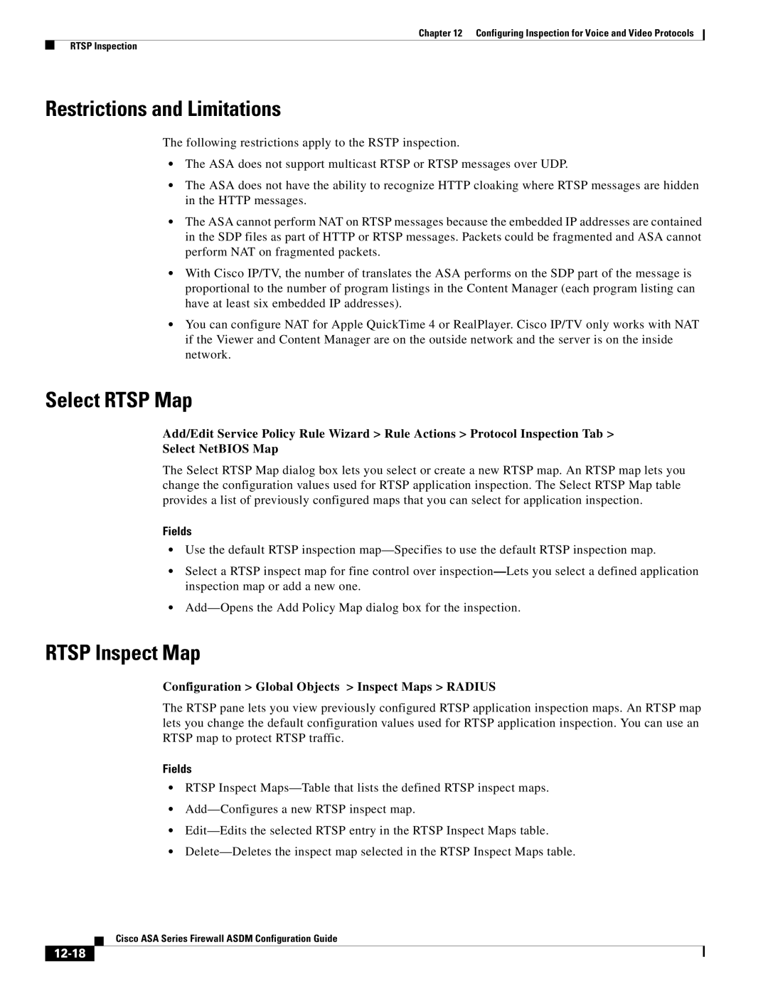 Cisco Systems ASA 5505, ASA 5545-X, ASA 5555-X manual Restrictions and Limitations, Select Rtsp Map, Rtsp Inspect Map, 12-18 