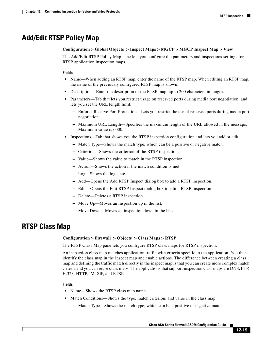 Cisco Systems ASA 5545-X Add/Edit Rtsp Policy Map, Rtsp Class Map, Configuration Firewall Objects Class Maps Rtsp, 12-19 