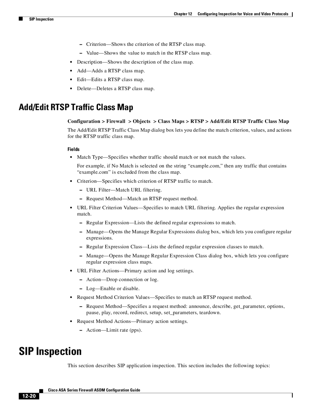 Cisco Systems ASA 5555-X, ASA 5505, ASA 5545-X, ASA 5585-X, ASA 5580 SIP Inspection, Add/Edit Rtsp Traffic Class Map, 12-20 