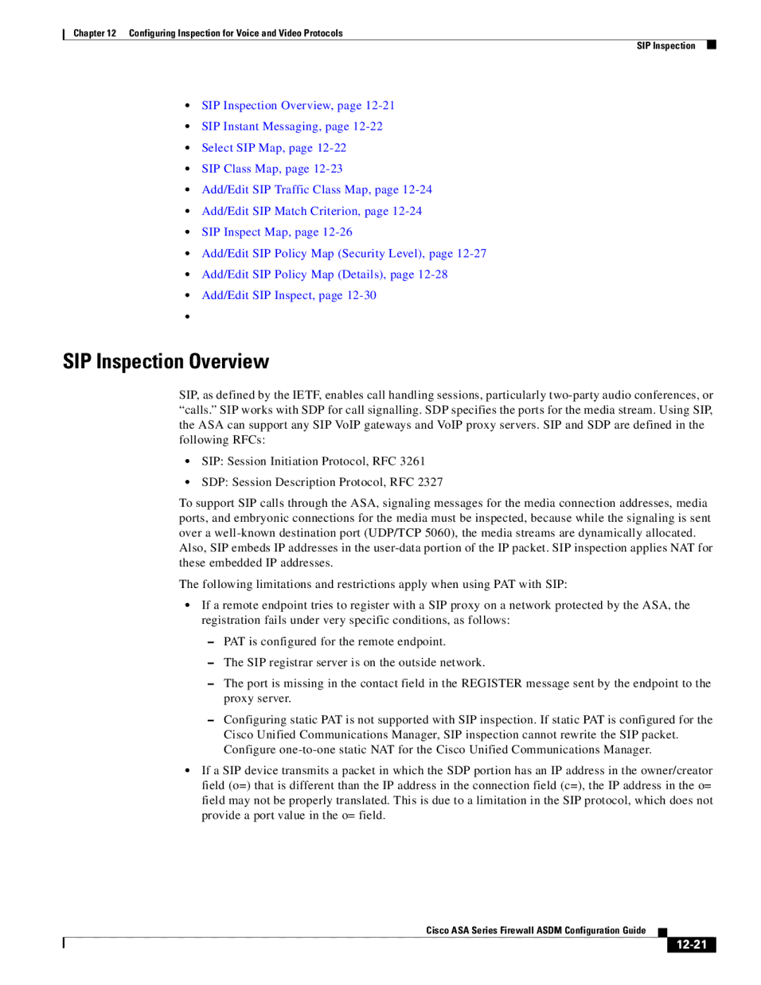 Cisco Systems ASA 5585-X, ASA 5505, ASA 5545-X, ASA 5555-X, ASA 5580, ASA Services Module manual SIP Inspection Overview, 12-21 