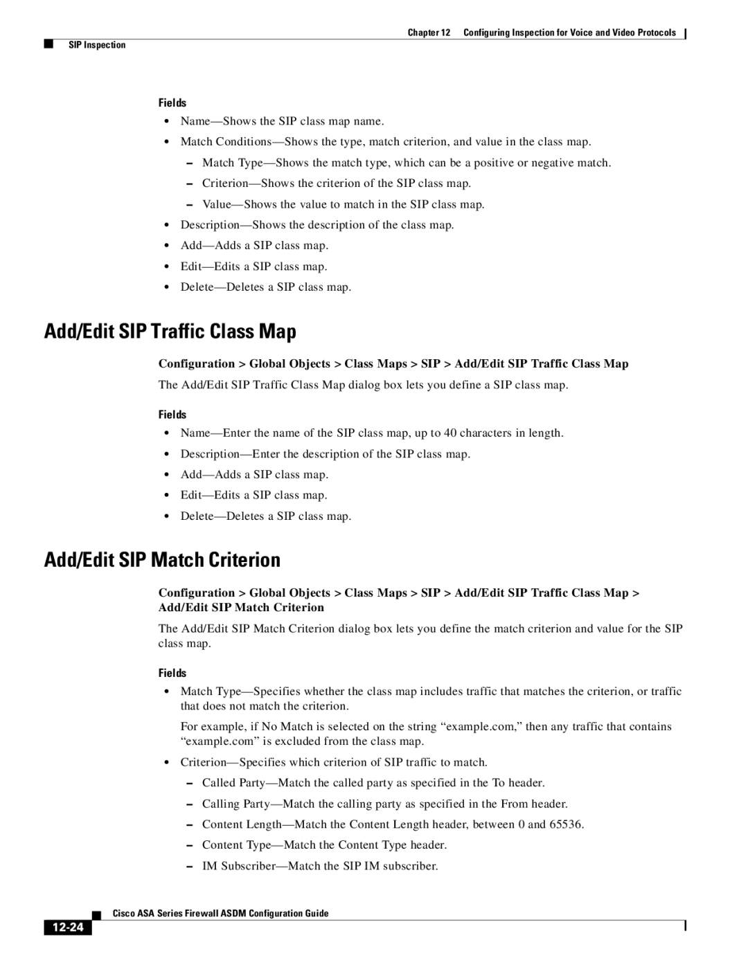 Cisco Systems ASA 5505, ASA 5545-X, ASA 5555-X, ASA 5580 Add/Edit SIP Traffic Class Map, Add/Edit SIP Match Criterion, 12-24 