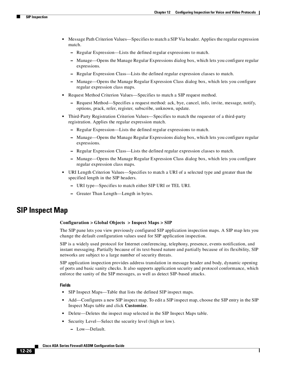 Cisco Systems ASA 5555-X, ASA 5505, ASA 5545-X manual SIP Inspect Map, Configuration Global Objects Inspect Maps SIP, 12-26 